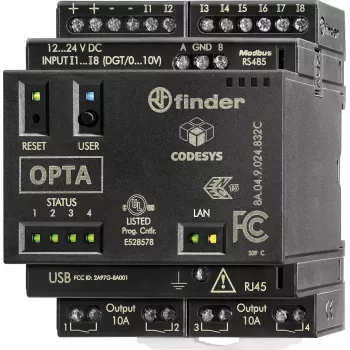 Finder Programuojama loginė relė (PLR) PLC valdymo modulis, 24 V DC, 8 skaitmeniniai įėjimai, 4 analoginiai įėjimai, 4 relės išėjimai, 8 A, LCD ekranas, DIN bėgelio montavimas, 8A.04.9.024.832C