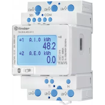 Finder 7M.38.8.400.0312 trifazis energijos skaitiklis, tiesioginė jungtis, 80 A, Modbus RS485, S0 impulsas, DIN bėgelis, 4 moduliai
