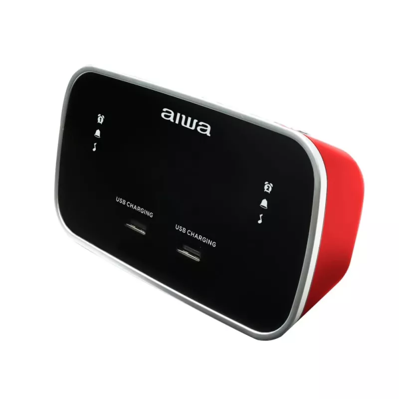 AIWA CRU-19RD raudonas radijo žadintuvas su FM/AM imtuvu, dvigubu žadintuvu, snaudimo funkcija, miego laikmačiu, LED ekranu, baterijos atsarginiu maitinimu