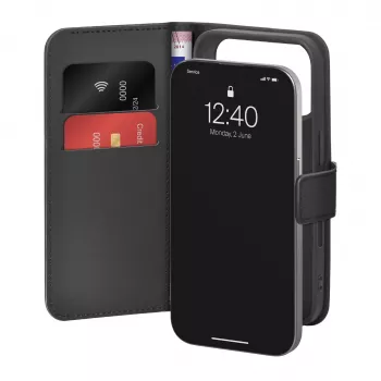 PURO Booklet dėklas iPhone 17 Pro, juodas ekologiškos odos su 2 kortelių lizdais PUIPC17P63BOOKC8BLK