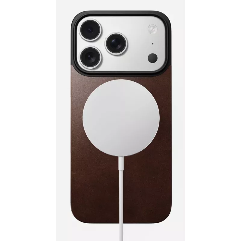 NOMAD Magnetic Leather Back, skirta iPhone 17 Pro, suderinama su MagSafe, Horween odos, Rustic Brown