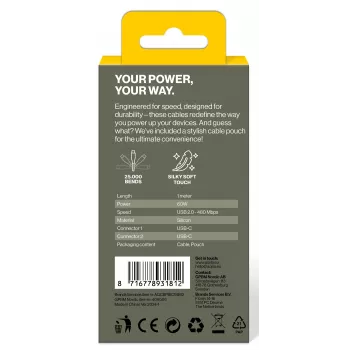 AQIILA Cablebird CS11 USB-C į USB-C įkrovimo ir duomenų perdavimo kabelis 1m 60W juodas AQCBPBIC1SI812