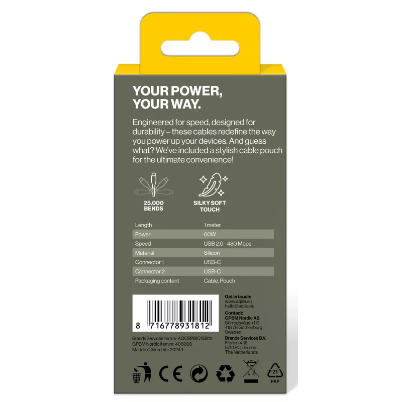 AQIILA Cablebird CS11 USB-C į USB-C įkrovimo ir duomenų perdavimo kabelis 1m 60W juodas AQCBPBIC1SI812