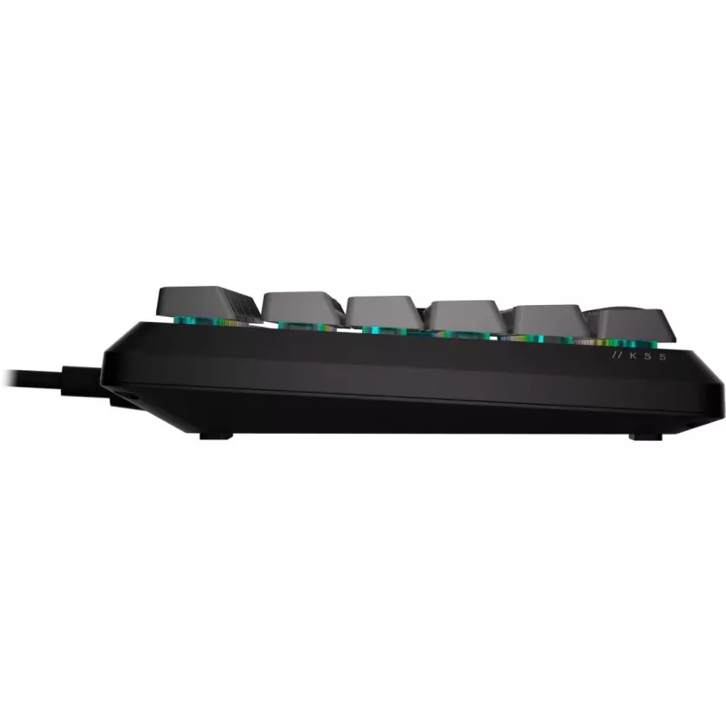 CORSAIR K55 Core RGB membraninė žaidimų klaviatūra, dinaminis 3 zonų RGB apšvietimas, 6 makro klavišai, nuimama riešo atrama, USB laidas, juoda/pilka