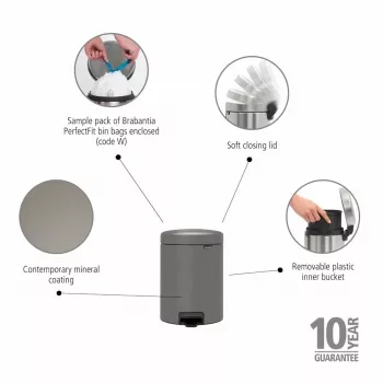 Brabantia NewIcon 5L pedalų šiukšliadėžė, Mineral Concrete Grey