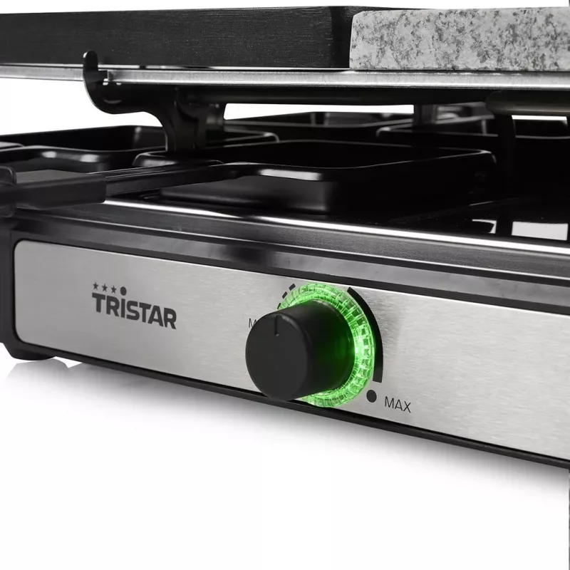 Tristar RA-2747 raclette su nepridegančia danga, indikatoriaus lempute, grilio funkcija, juoda, akmuo