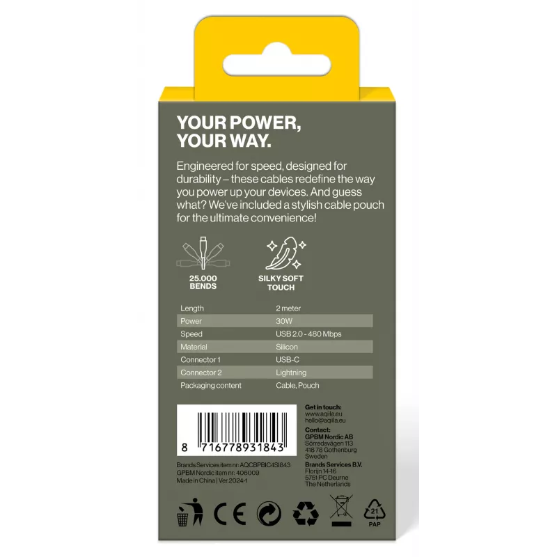 AQIILA 4SI843 USB-C į Lightning įkrovimo ir sinchronizavimo kabelis 2m 60W PD AQCBPBIC4SI843