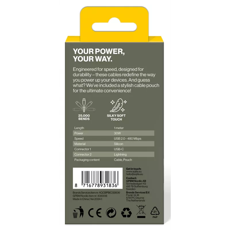 AQIILA 3SI836 USB-C į Lightning įkrovimo ir sinchronizavimo kabelis, 1 m