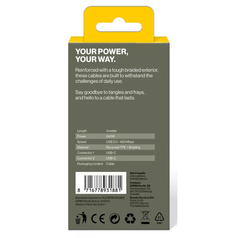 AQIILA USB-C į USB-C įkrovimo ir duomenų perdavimo kabelis, 3 m, juodas AQCBPBICB4BD881