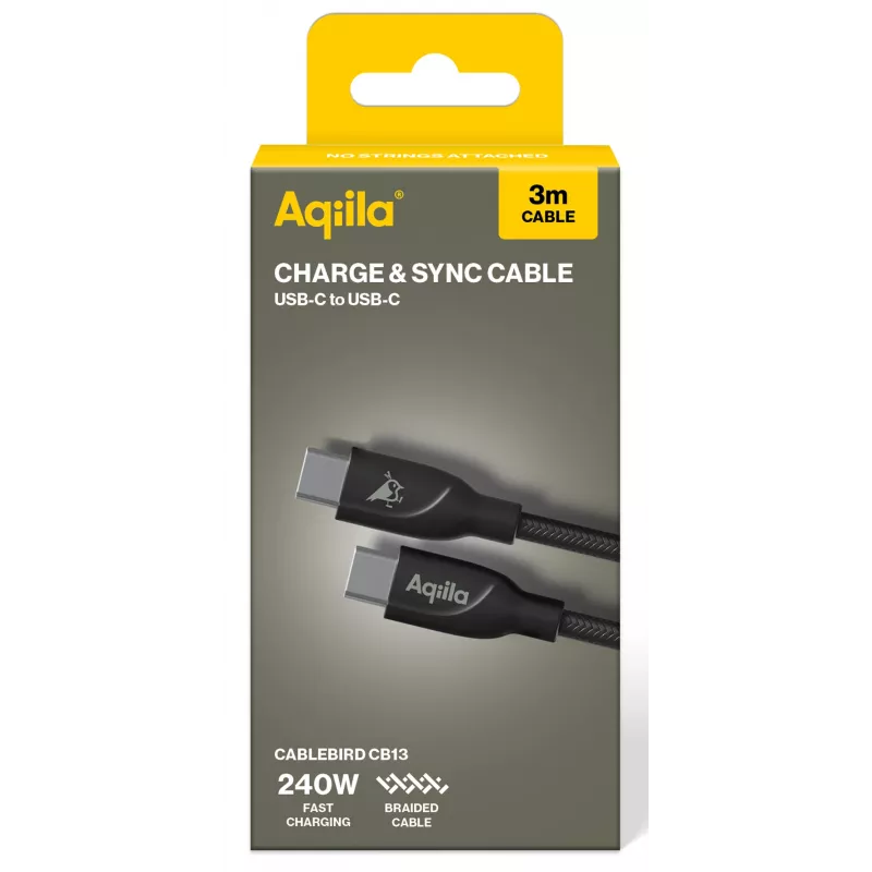 AQIILA USB-C į USB-C įkrovimo ir duomenų perdavimo kabelis, 3 m, juodas AQCBPBICB4BD881