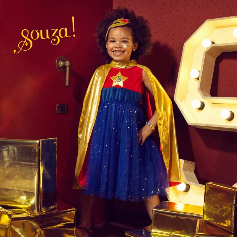 Souza! Superheroine kostiuminė suknelė su apsiaustu, rožinė/auksinė/mėlyna, 5-7 metų (116-128 cm)