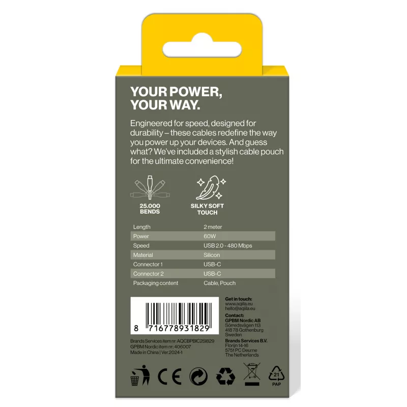 AQIILA Cablebird CS12 USB-C į USB-C įkrovimo ir duomenų perdavimo kabelis 2 m 60 W juodas AQCBPBIC2SI829