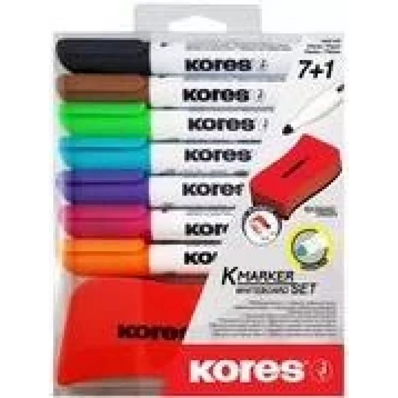Kores Whiteboard Marker Set rinkinys, 7 žymekliai + trintukas, apvalus antgalis, 3,0 mm, greitai džiūstantys, įvairių spalvų (M20866)