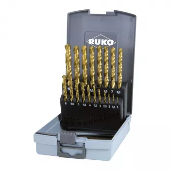RUKO 19 dalių HSS sukinių grąžtų rinkinys su TiN danga plastikinėje dėžutėje