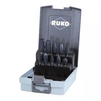 RUKO FRS 10 dalių frezų rinkinys, volframo karbidas, TiAlN danga, 8 mm kotas, medinėje dėžutėje