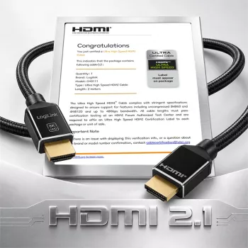 LogiLink HDMI laidas A/M į A/M 8K/60Hz 48Gbps metalinis nailoninis sertifikuotas juodas 2m