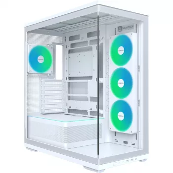 MONTECH TG3 White ATX vidutinio dydžio korpusas, grūdinto stiklo priekinis ir šoninis skydai, 3x 120mm RGB ventiliatoriai