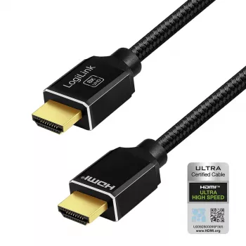 LogiLink HDMI kabelis, A/M – A/M, 8K/60 Hz, 48 Gbps, metalinis, nailoninis, sertifikuotas, juodas, 3 m