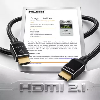 LogiLink HDMI kabelis, A/M – A/M, 8K/60 Hz, 48 Gbps, metalinis, nailoninis, sertifikuotas, juodas, 3 m