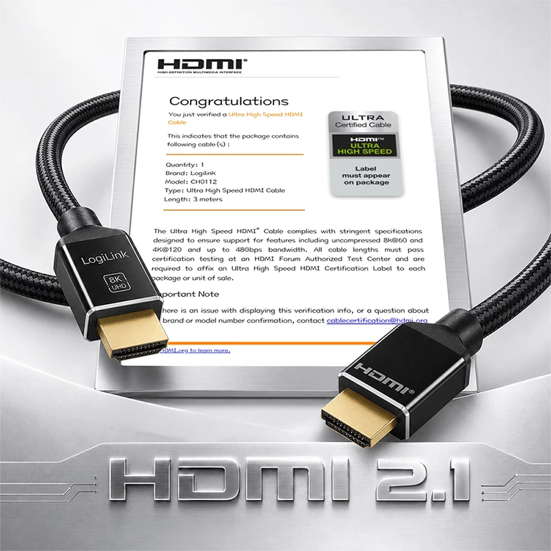 LogiLink HDMI kabelis, A/M – A/M, 8K/60 Hz, 48 Gbps, metalinis, nailoninis, sertifikuotas, juodas, 3 m