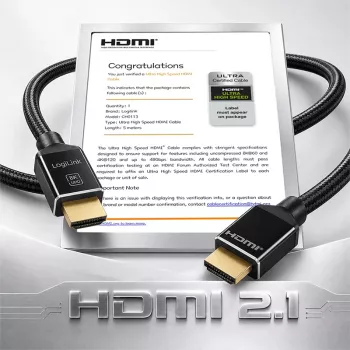LogiLink HDMI kabelis A/M – A/M 8K/60 Hz 48 Gbps metalinis nailoninis sertifikuotas juodas 5 m