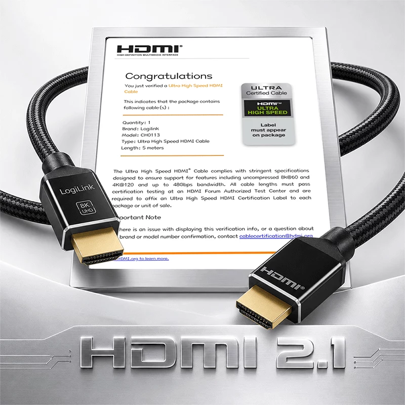 LogiLink HDMI kabelis A/M – A/M 8K/60 Hz 48 Gbps metalinis nailoninis sertifikuotas juodas 5 m