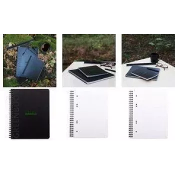 RHODIA GREENBOOK College Block, DIN A5+, liniuotė, juodas perdirbto kartono viršelis, 80 lapų, 4 skylių perforacija, mikroperforacija 119915C