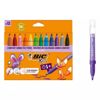 BIC KIDS Comfort Jumbo flomasteriai, įvairių spalvų, 12 vnt., 1,4 mm antgalis, nuplaunami 517250
