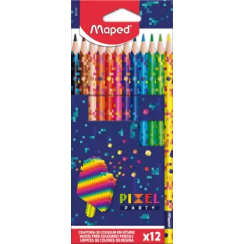 Maped PIXEL PARTY trikampiai spalvoti pieštukai, 12 skirtingų spalvų, minkštas nelūžtantis švinas, pikselių rašto kotas, kartoninė dėžutė 862204