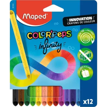 Maped COLOR'PEPS INFINITY trikampių spalvotų pieštukų rinkinys, 12 skirtingų spalvų, tarnauja 10x ilgiau, 100% pigmento šerdis, daugkartinio naudojimo dėklas 861602