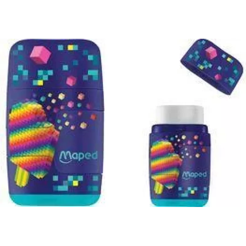 Maped Pixel Party trintukas ir drožtukas 2 dydžių, permatomas drožlių konteineris, įvairių spalvų 049223
