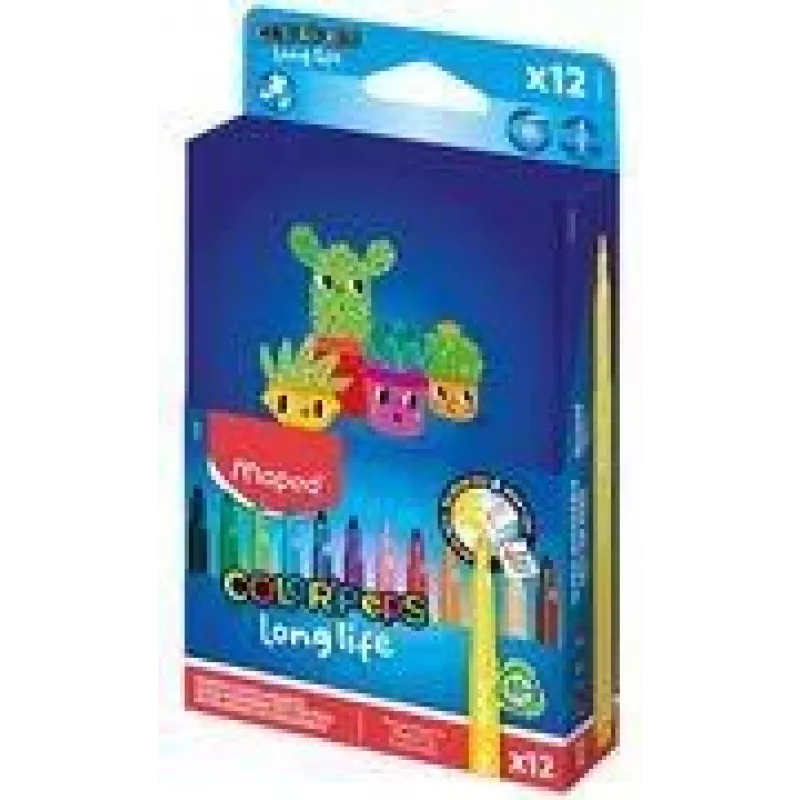 Maped COLOR'PEPS Long Life 2 flomasteriai, 12 spalvų, 1,5 mm vidutinis apvalus antgalis, ventiliuojamas saugos dangtelis, nuplaunami rašalai, kartoninė dėžutė 844006