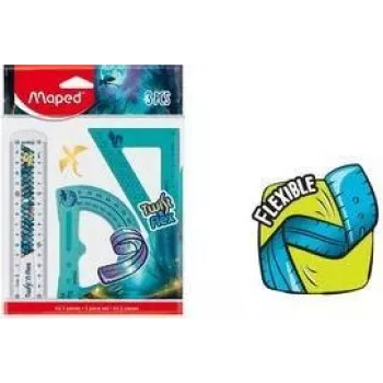 Maped Twist'n Flex Dragon geometrijos rinkinys, 3 dalių, lankstus plastikas, nesulaužomas, 15 cm liniuotė, 180° kampamatis, 45°/45°/90° trikampis 981898