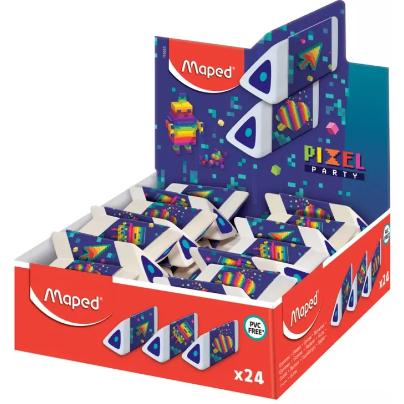 Maped Pyramide PIXEL PARTY plastikinis trintukas, baltas, be ftalatų ir PVC, trikampio pjūvio, 24 vienetų dėžutė 119523
