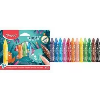 Maped Jungle Fever Jumbo trikampės vaško kreidelės, 12 įvairių spalvų, gyvūnų motyvais, kartoninėje dėžutėje, nuo 1 metų
