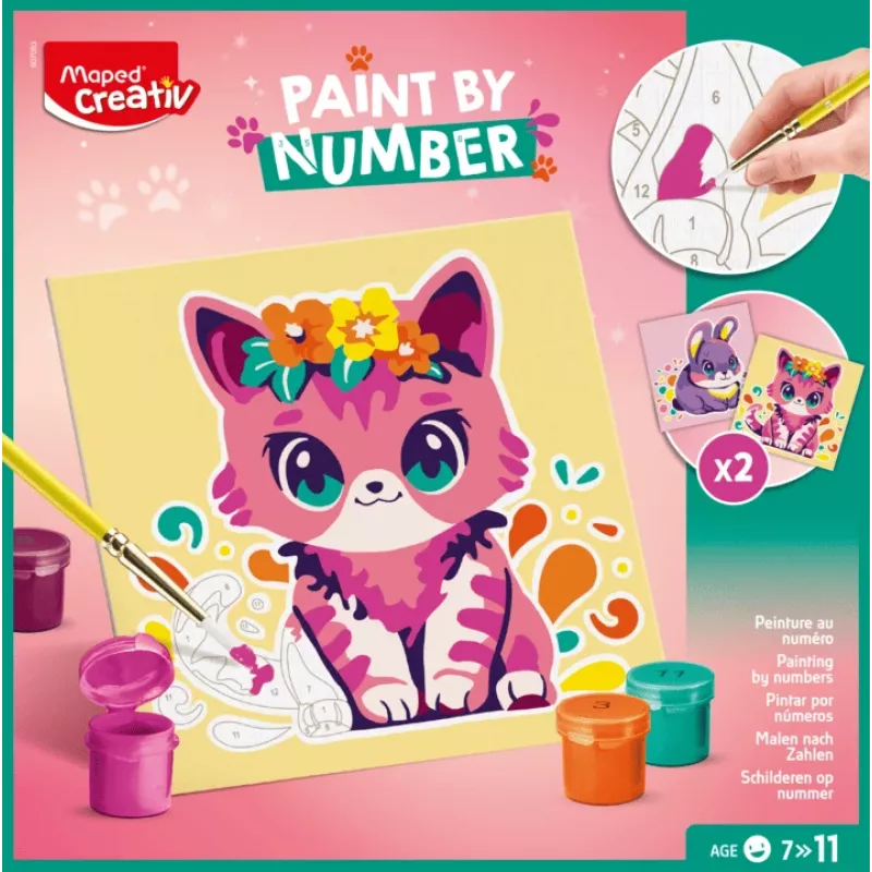 Maped Creativ dažymo pagal skaičius rinkinys Katė ir Triušis - 2 iš anksto atspausdintos lentos, akriliniai dažai, teptukas, nuo 7 metų 907083