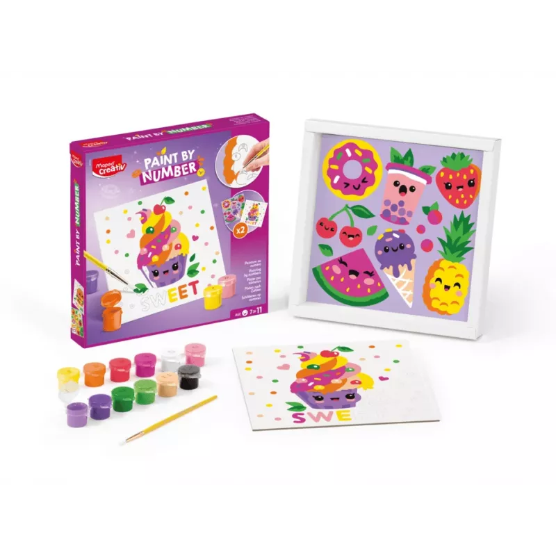 Maped Creativ dažymo pagal skaičius rinkinys Kawaii Food Sweet – 2 iš anksto atspausdinti paveikslai, 10 akrilinių dažų, teptukas, nuo 7 metų, 907088