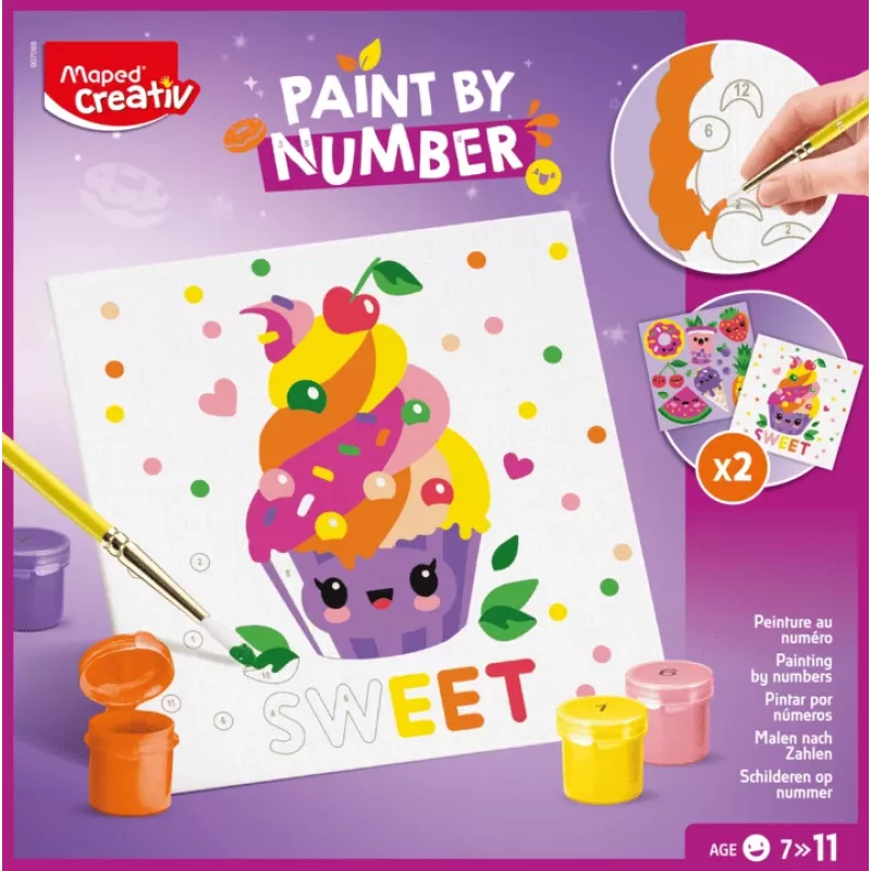 Maped Creativ dažymo pagal skaičius rinkinys Kawaii Food Sweet – 2 iš anksto atspausdinti paveikslai, 10 akrilinių dažų, teptukas, nuo 7 metų, 907088