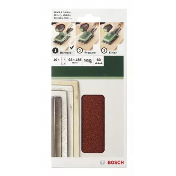 Bosch 2609256A90 10 vnt. 185 mm x 93 mm šlifavimo lapeliai su kibiąja juosta, 120 grūdėtumo, perforuoti