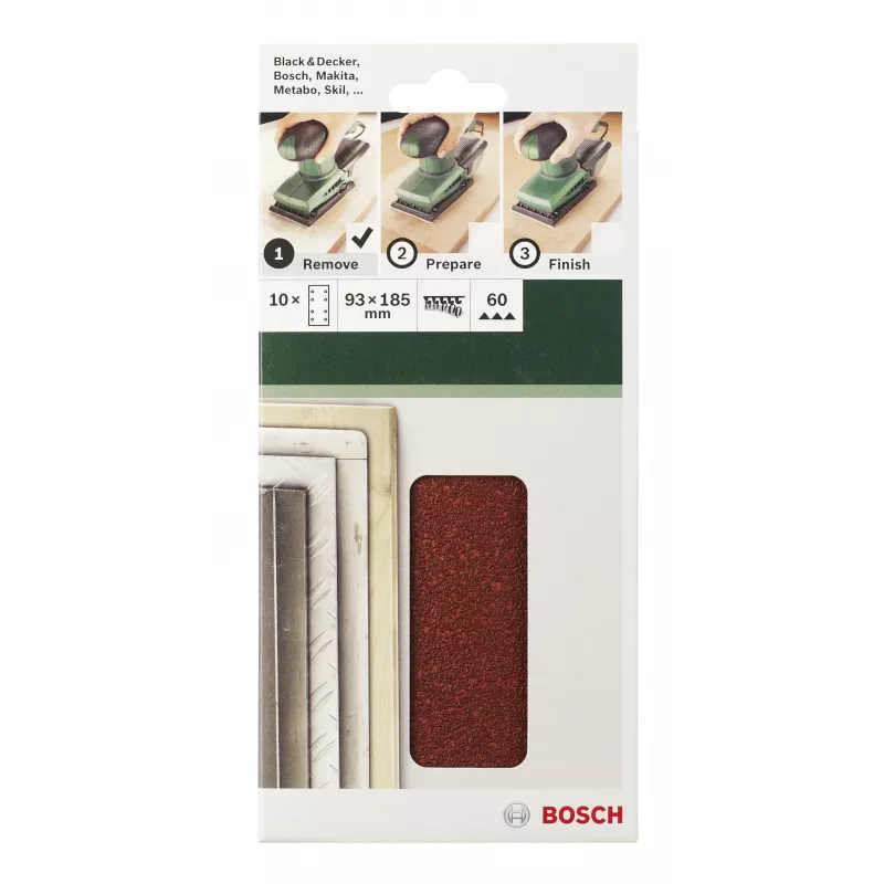 Bosch 2609256A90 10 vnt. 185 mm x 93 mm šlifavimo lapeliai su kibiąja juosta, 120 grūdėtumo, perforuoti
