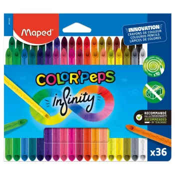 Maped COLOR'PEPS INFINITY trikampės spalvotos pieštukai, 36 spalvų, be medienos 100% pigmento šerdis, tarnauja 10x ilgiau, ergonominis dėklas 861623