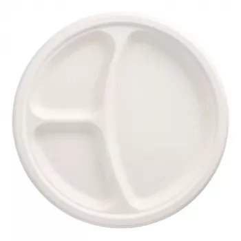 PAPSTAR pure cukranendrių lėkštė, apvali, 260 mm, 3 skyriai, kompostuojama, tinkama mikrobangų krosnelei, 1 vnt. 89739