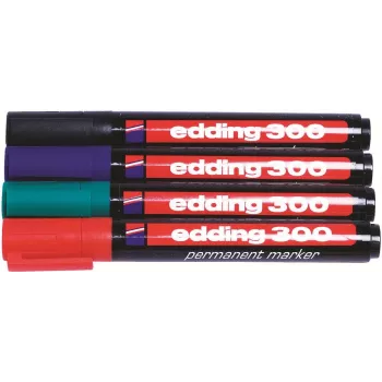 Edding 300-E4 permanentinių žymeklių rinkinys, 4 spalvos (juoda, mėlyna, žalia, raudona), kaltinis antgalis 1-5 mm, 4-300-4