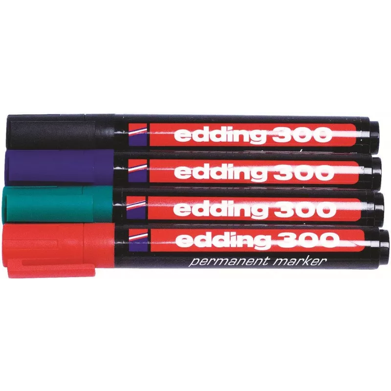 Edding 300-E4 permanentinių žymeklių rinkinys, 4 spalvos (juoda, mėlyna, žalia, raudona), kaltinis antgalis 1-5 mm, 4-300-4