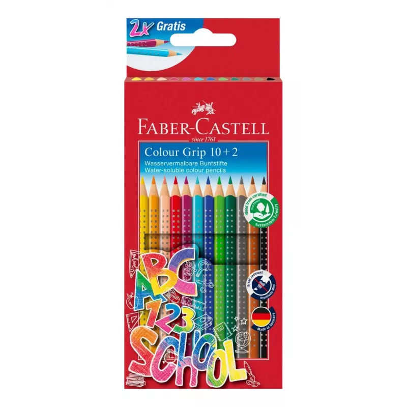 Faber-Castell Colour GRIP trikampės spalvotos pieštukai, įvairių spalvų, 10 vienetų, Soft-Grip zona, nesilaužiantis 3,3 mm švinas, vandeninės bazės lakas, promo dėklas 201585