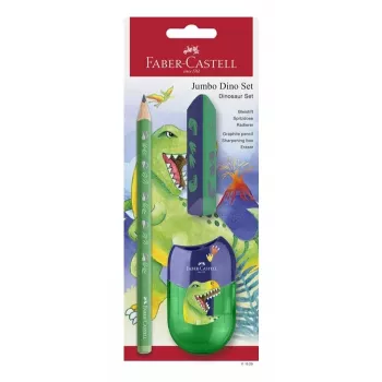 Faber-Castell Dino Jumbo rašymo rinkinys, žalias, 3 pieštukai, 3 mm šerdis, ergonomiškas trikampis, nelūžtanti šerdis, nuo 3 metų 111529