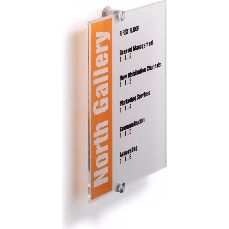 DURABLE CRYSTAL SIGN A4 portretinė durų iškaba, permatomas akrilas, tvirtinimas varžtais 482519