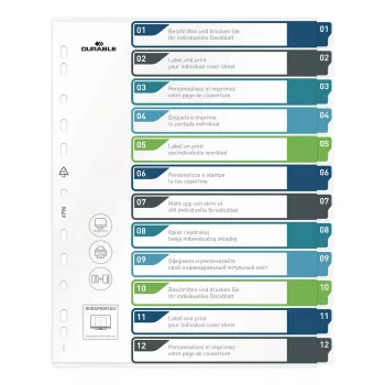 DURABLE 679627 A4+ polipropileno tušti skyrikliai, įvairiaspalviai, portretinė orientacija, 0,27 mm, 11 skylių universalus perforavimas