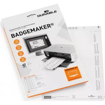 DURABLE BADGEMAKER įdėklo etiketės 30 x 65 mm, baltos, 100 įdėklų (20 lapų po 5) 142302