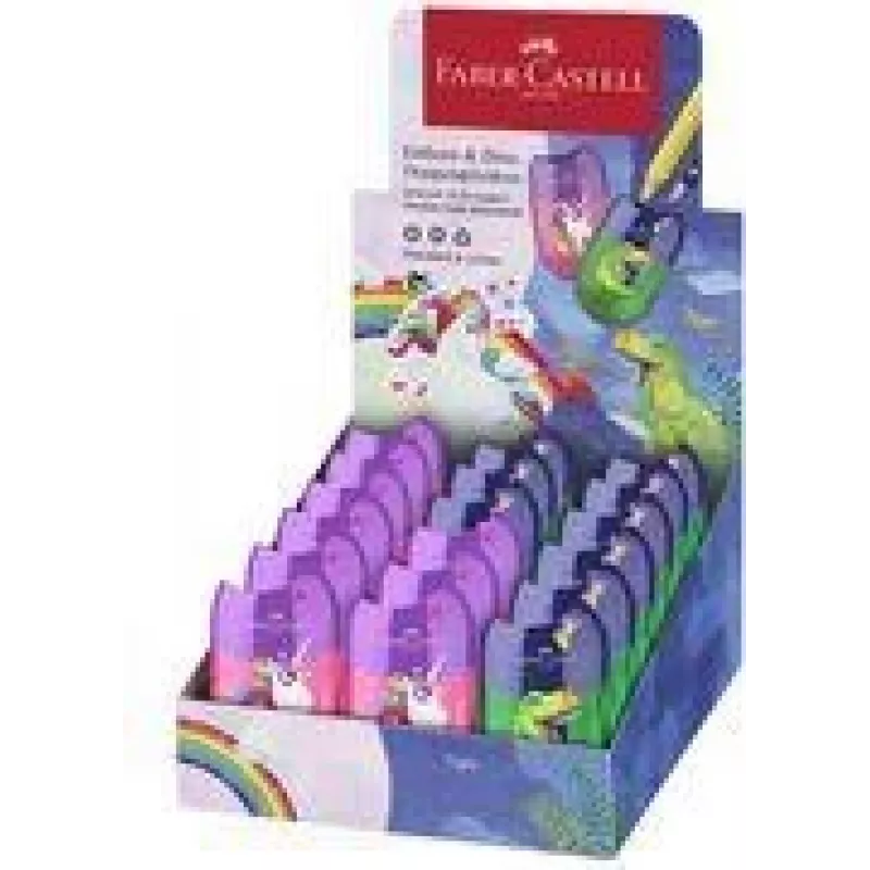 FABER-CASTELL Dvigubas drožtukas Dino/Unicorn, dėžutė su drožlių talpykla, 18 vnt. (183551)